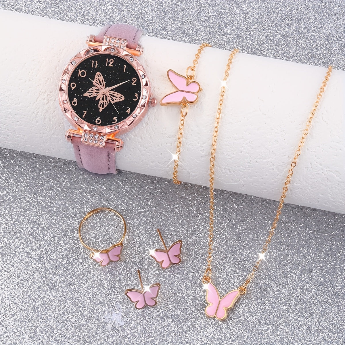 6pcs Lovely Pink Butterfly Shell Quartz Watch, Bracelet, Necklace & Earrings Set - Pointer Display, Electronic Quartz Movement, Non-Rechargeable Battery – Ideal Gift for Valentine’s Day, Easter & Eid al-Fitr – Best Pres